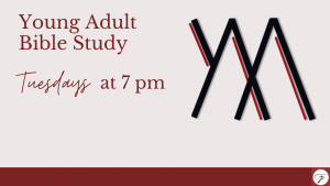 Adults 18-29 can join the young adult bible study! Every Tuesday at 7 p.m.